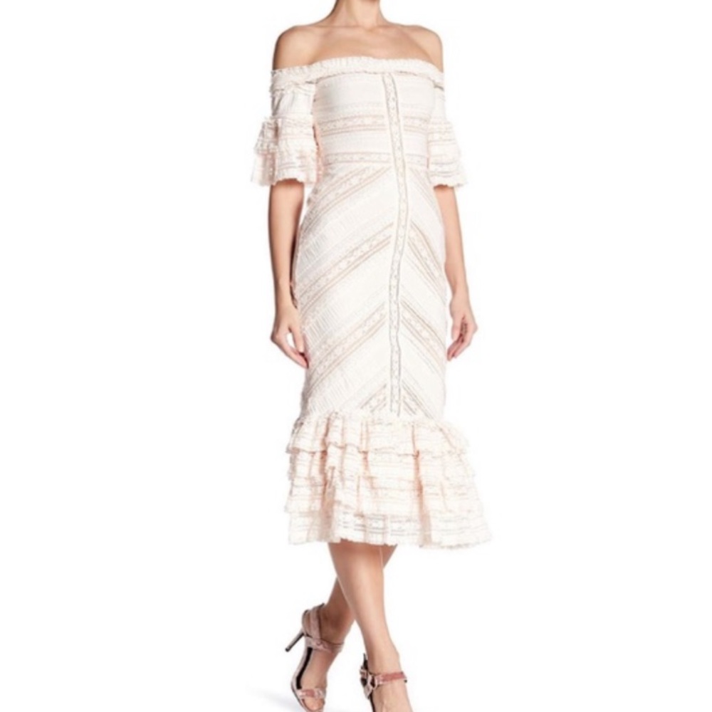 Cinq a Sept Naya ivory off the shoulder lace mermaid midi dress - Picture 2 of 8
